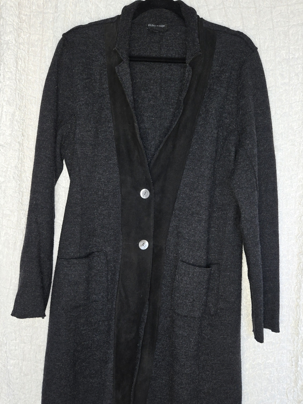 Eileen Fisher Charcoal Grayโ Wool Cardigan with Suede Trim